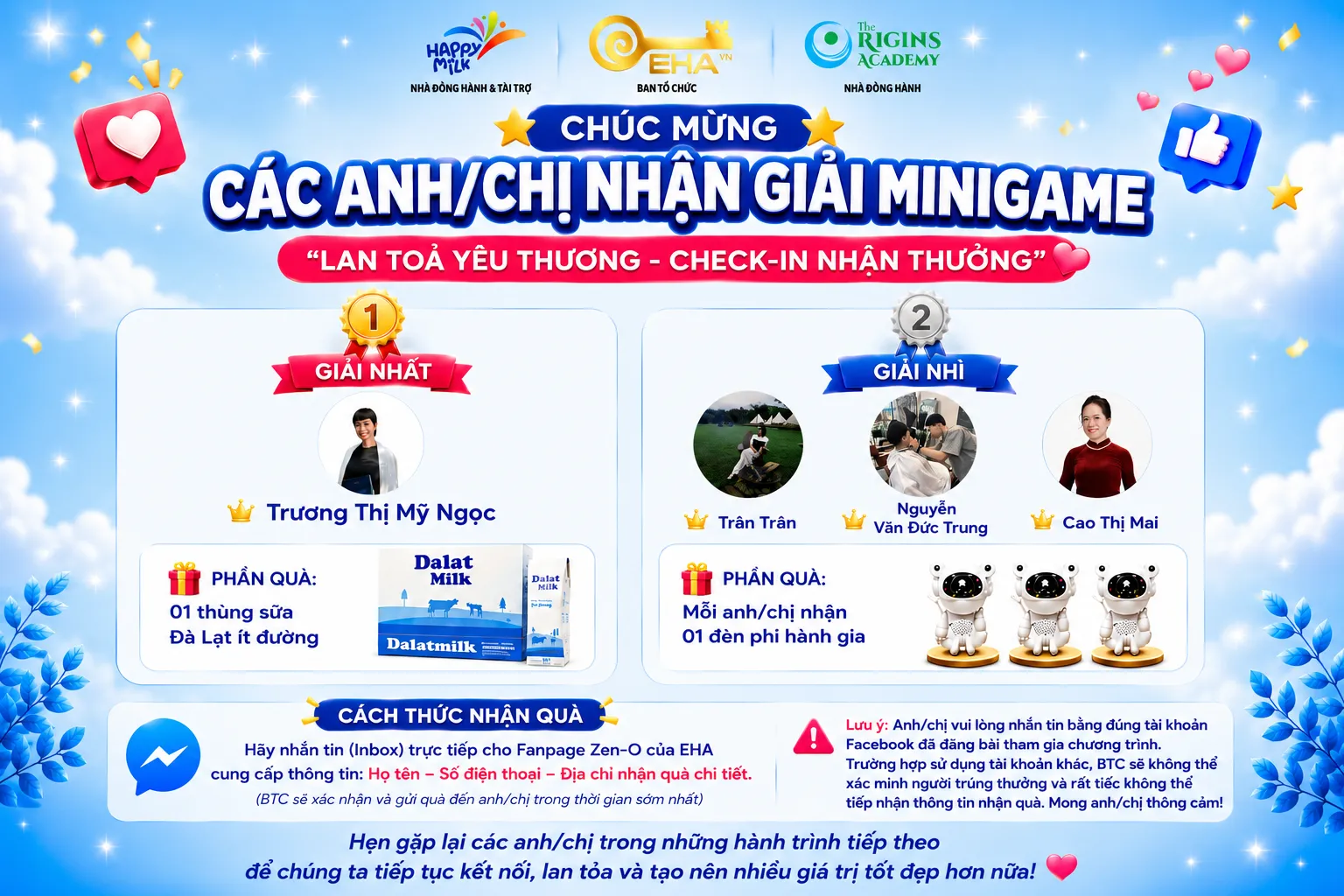 CHÚC MỪNG CÁC ANH/CHỊ ĐẠT GIẢI MINIGAME "LAN TỎA YÊU THƯƠNG – CHECK-IN NHẬN THƯỞNG"